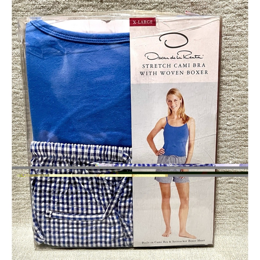 Womens XL 18 Oscar De La Renta Camisole Built In Bra Boxer Short Blue Searsucker